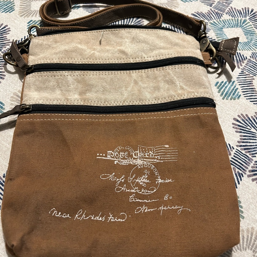Beige Brown Messenger Travel Bag Canvas White Lettering Multiple Zip Pockets